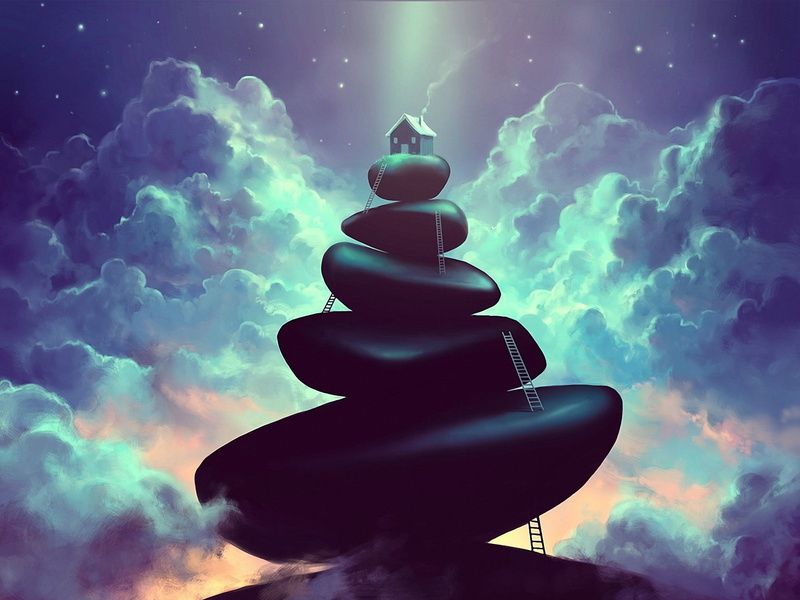 low angle view, beauty in nature, 1080P, illustration, cloud - sky, digital composite, abstract, art and craft, outdoors, rock, sculpture, statue, representation