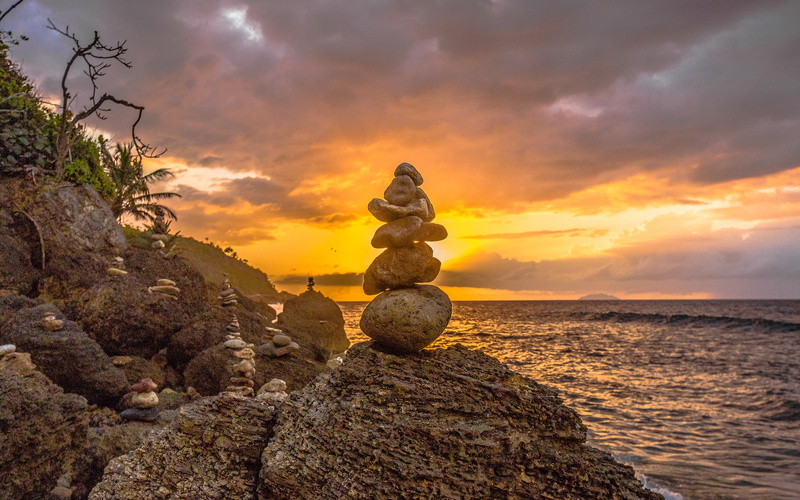 stones, nature, rocks, 2K, hd, stacked, stack, shore, sunset