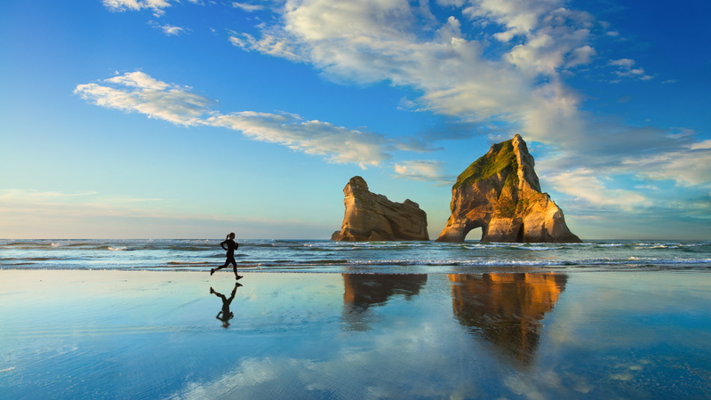 sky, beach, rock formation, rock, women, 4K, clouds, running