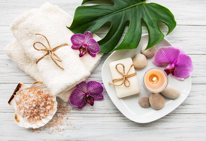 Orchid, leaves, salt, candle, 4K, bath, stones, zen, spa, flowers, pink
