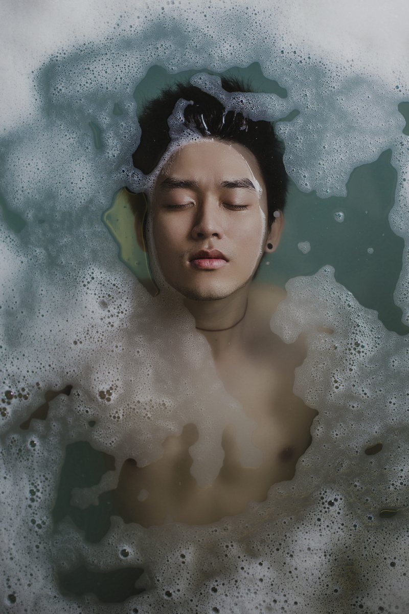 man, domestic bathroom, headshot, eyes closed, domestic room, water, bathtub, beautiful woman, 5K, hygiene, floating, front view, one person, young adult