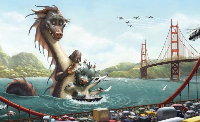 travel, water, baby, dragon, mammal, illustration, bridge, animal wildlife, taking, mountain, nature, golden, sky, river, nautical vessel, bath, Funny