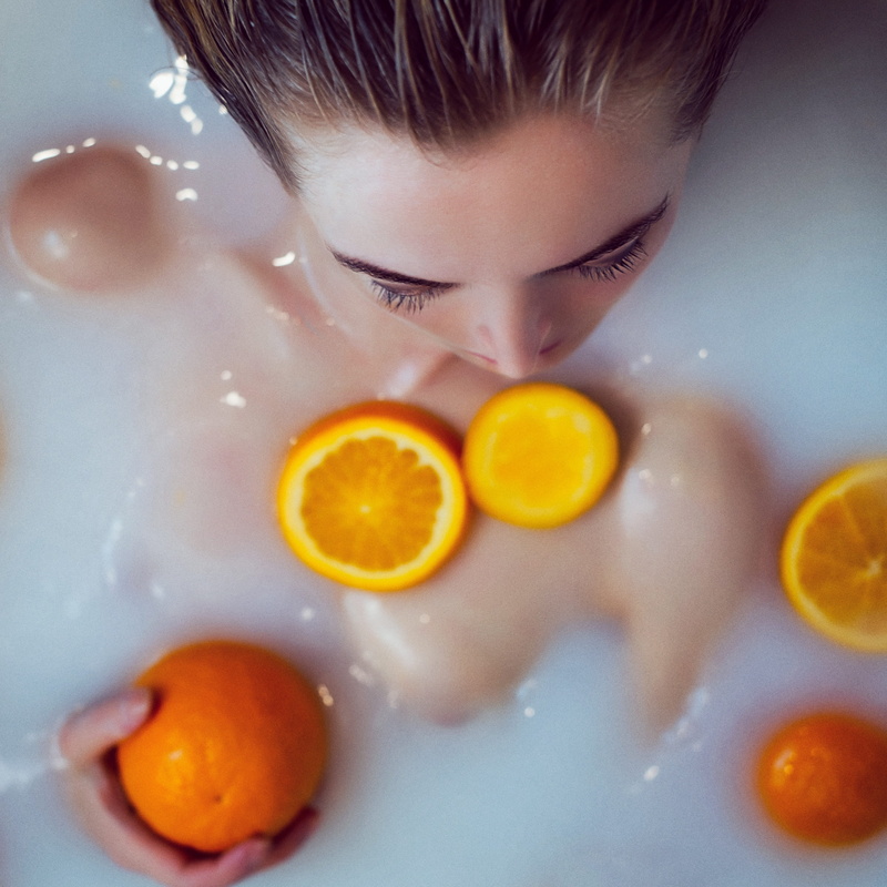 posture, photoshoot, bath with milk, hairstyle, orange, headshot, 2K, person, beauty, milk, portrait, wellbeing, food, one person, bath, style, breakfast