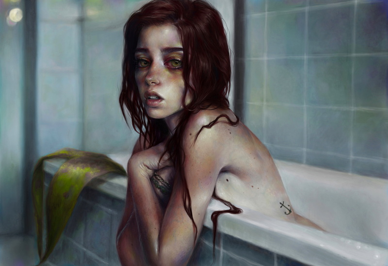taking a bath, art, one person, contemplation, mermaid, look, young women, domestic room, bath, bathroom, white, indoors, beauty, young adult, red, hairstyle