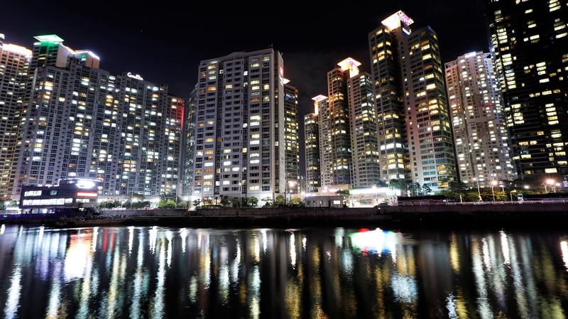 sky, high rise buildings, no people, night, cityscape, republic of korea, bathing beach, building exterior, korea, office building exterior, bay, sea, illuminated