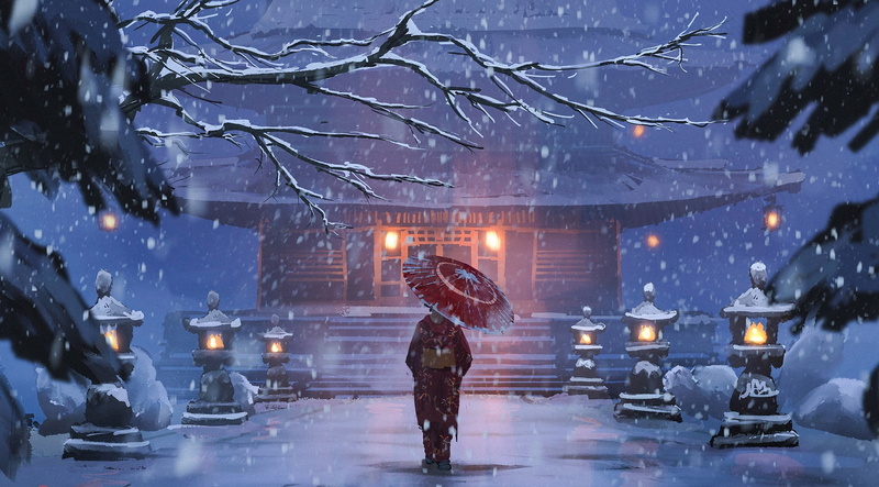 1080P, anime, umbrella, snow, winter, anime girls, Surendra Rajawat, kimono