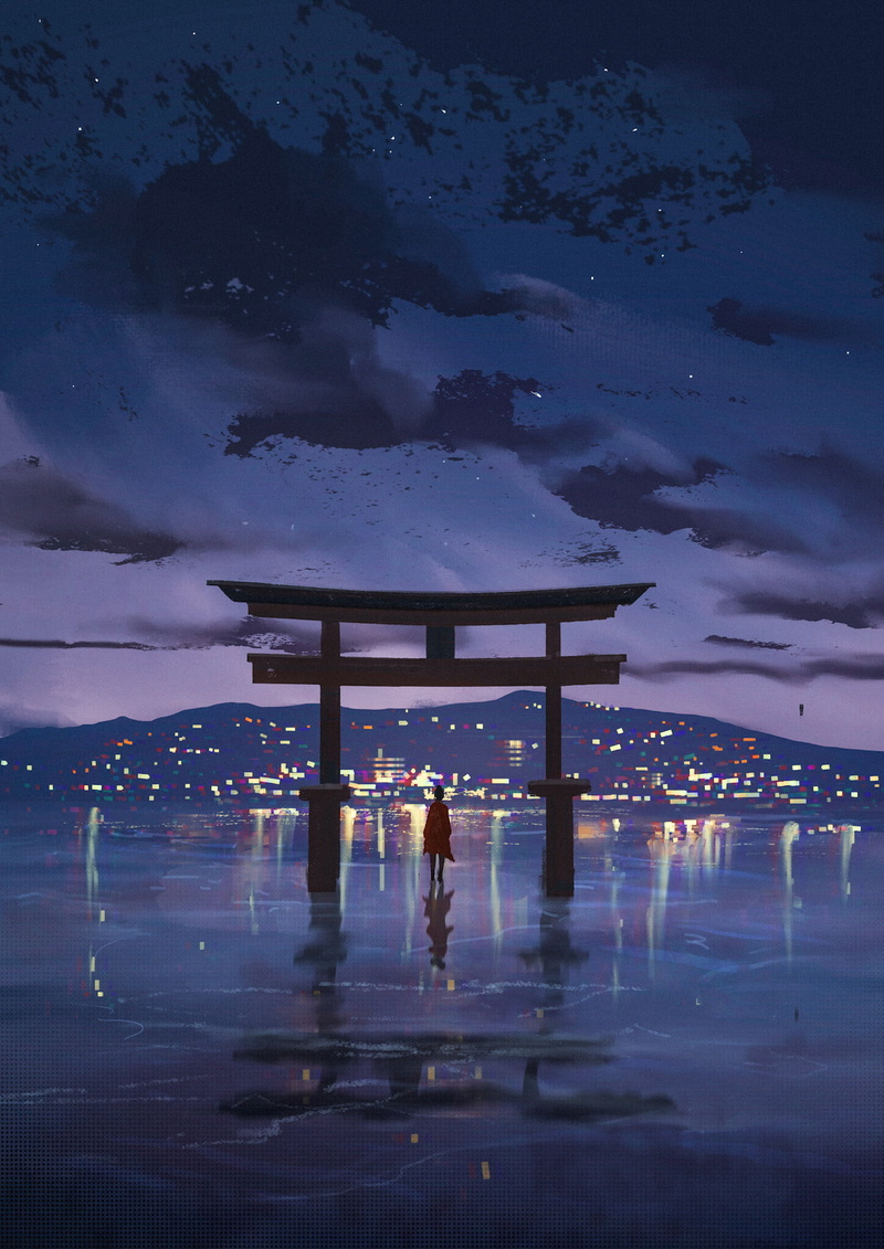 sketches, Surendra Rajawat, concept art, ArtStation, landscape, vertical, digital art, torii, night, 1080P, illustration
