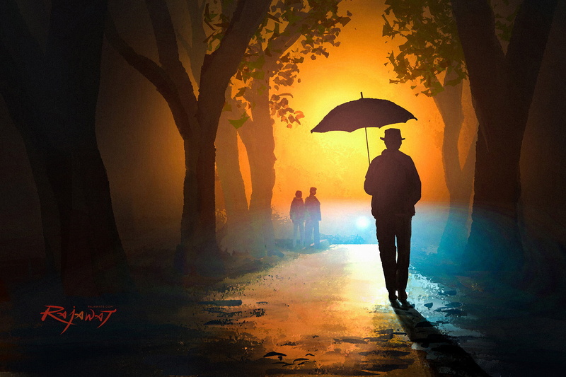 trees, digital painting, night, Surendra Rajawat, umbrella, men, 1080P