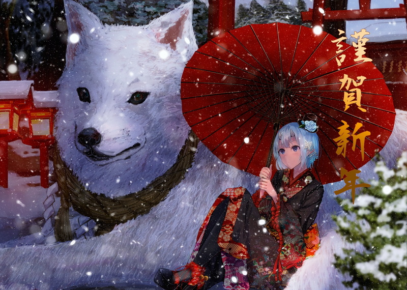 outdoors, cold temperature, adult, front view, clothing, umbrella, demon, winter, torii, celebration, Anime, nature, representation, aqua hair, snow, kimono