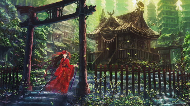 fantasy city, 4K, fantasy art, Asia, shrine maidens, anime, anime girls