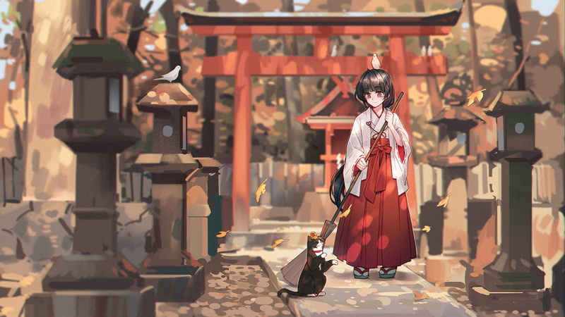 Shrine Maiden, 1080P, Kimono, Girl, Cat, Shrine, Original, Anime
