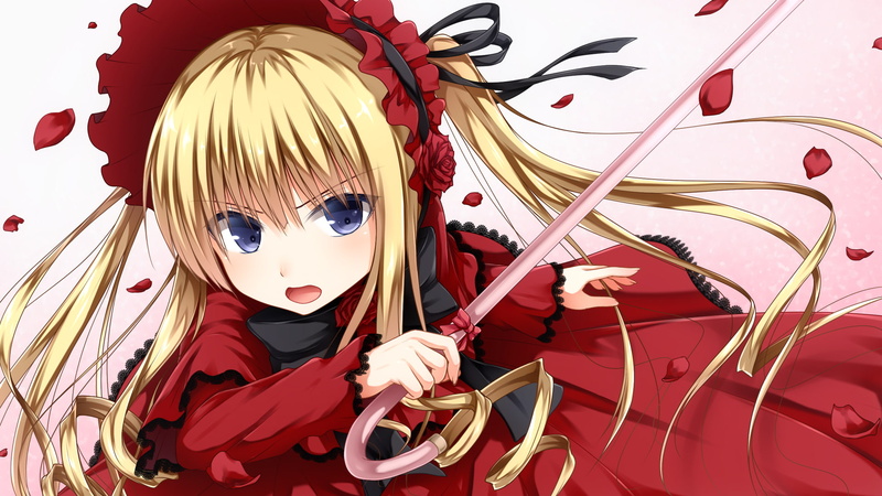 hair, 1080P, dress, flowers, rose, haryuu, blue, rozen, petals, twintails, eyes, maiden, poetto, shinku, blonde