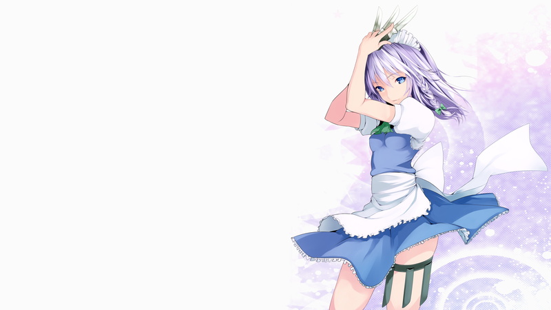 Izayoi Sakuya, maiden, short hair, maid, gray hair, simple background, Touhou, knives, anime girls, 5K, blue eyes, weapon