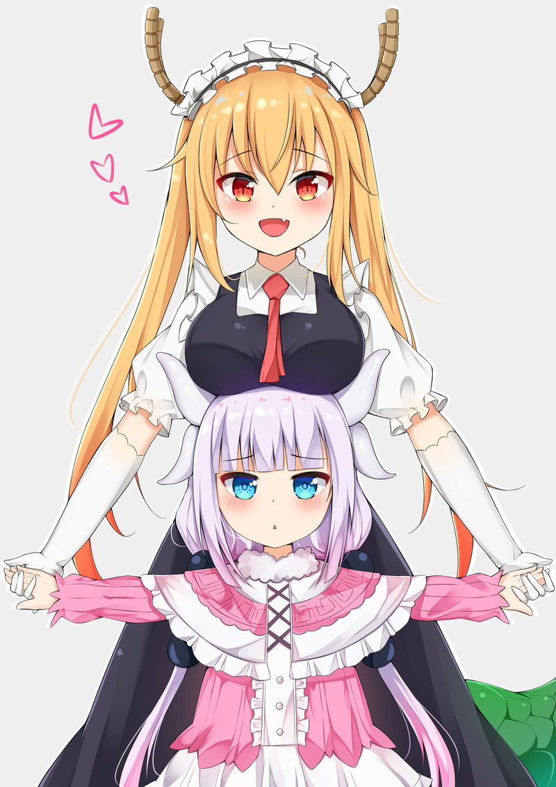 Tohru (Kobayashi-san Chi no Maid Dragon), 2K, anime girls, long hair, red tie, anime, dragon girl, maid, pink hair, tail, maid outfit, horns, blond hair