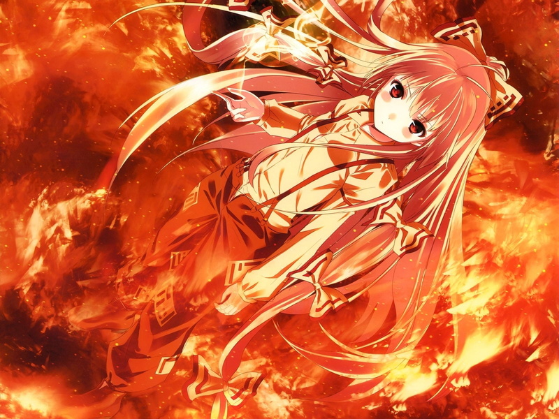 720P, Anime, Fire, Flame, Touhou, Shrine Maiden, Fujiwara no Mokou, Red Eyes
