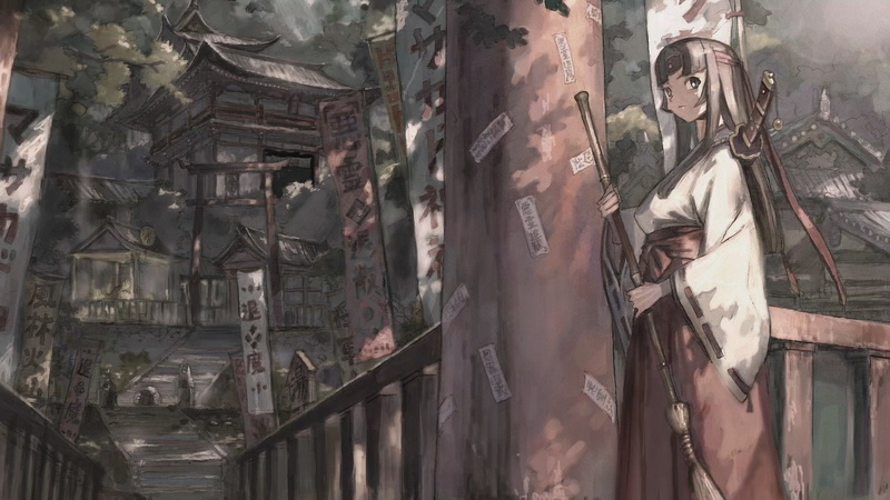 Katana, Anime, Shrine Maiden, 1080P