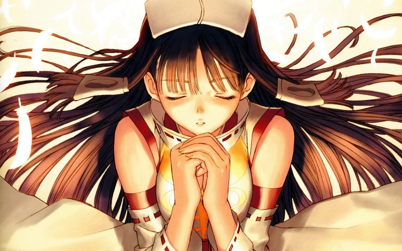 games, miko, art, shrine, video, people, hair, closed, ryuna, shinin, long, Video Games, outfit, tony, hd, praying, brunettes, eyes, maiden, taka, 1080P