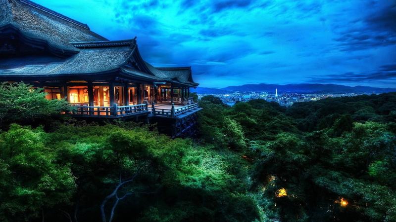 forest, night, clouds, house, Kyoto, Kiyomizudera, Trees, Japan, 1080P