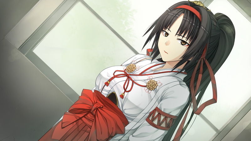 ribbons, ponytails, long, 2K, sleeves, hair, visual, japanese, anime, traditional, game, eyes, video, brown, panes, girls, monobeno, detached, black, window