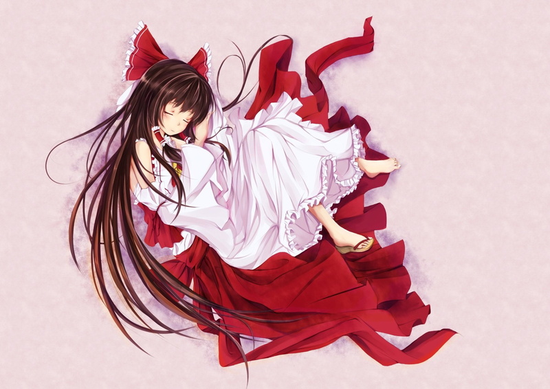 barefoot, zszero, yingji, sleeping, long, brown, 720P, japanese, reimu, miko, hair, clothes, touhou, hakurei