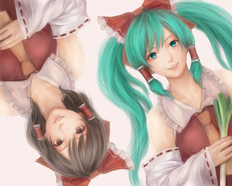 girls, detached, 720P, japanese, hakurei, touhou, anime, soft, reimu, miku, clothes, crossovers, hatsune, sleeves, vocaloid, video, games, miko, shading