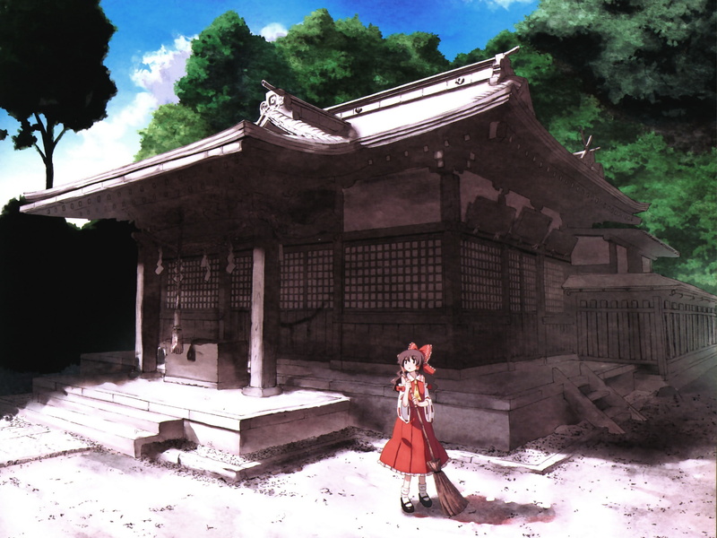 reimu, shrine, skyscapes, trees, hair, clothes, brooms, socks, hakurei, clouds, touhou, 2K, games, japanese, bows, long, sleeves, video, detached, scans
