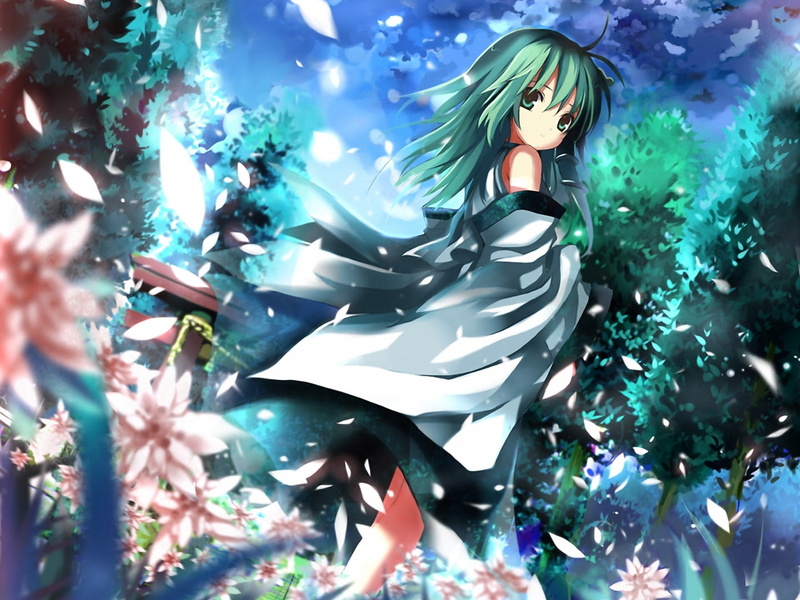 miko, torii, shino, sanae, kochiya, games, 720P, detached, sleeves, touhou, hair, flower, petals, eefy, green, video, japanese, clothes