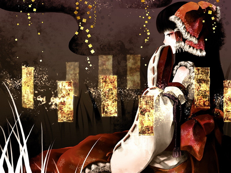 720P, eyes, reimu, sitting, sleeves, hakurei, red, eye, shadow, long, ofuda, video, miko, japanese, hair, black, bows, touhou, ornaments, games, clothes