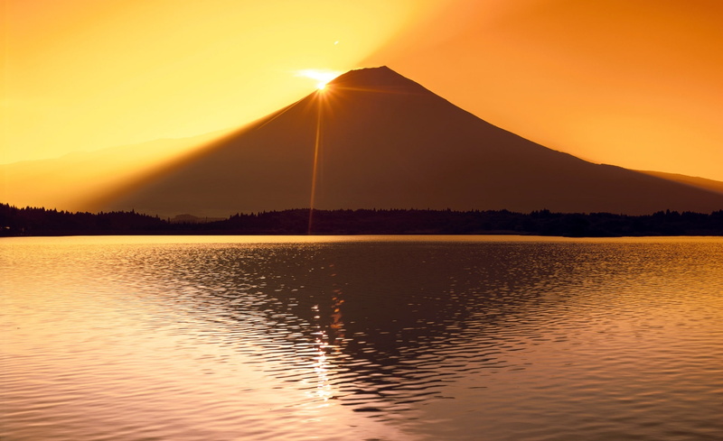 silhouette, tranquil scene, sunlight, no people, non-urban scene, 1080P, fuji, sky, reflection, orange color, lake, beauty in nature, Nature, scenics - nature