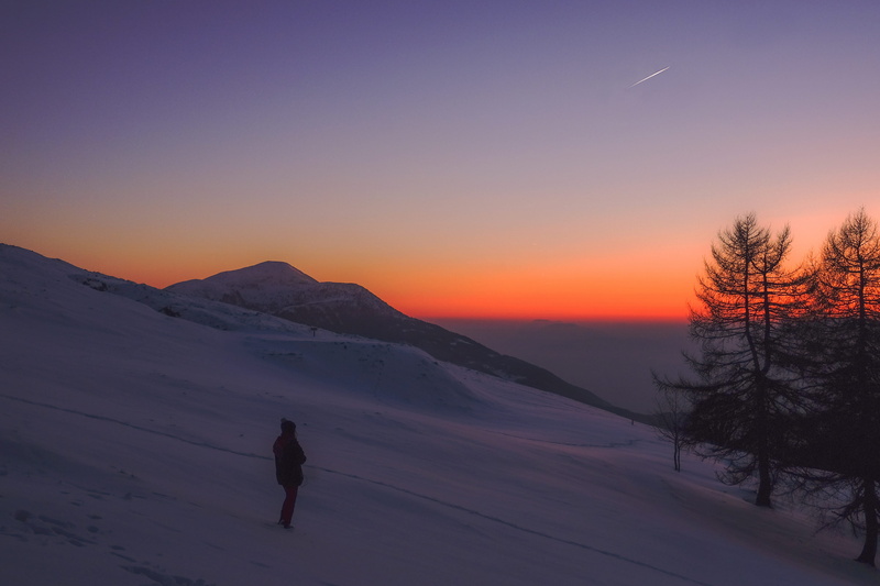 tree, snow, sunset, winter, monte biaena, gold, night, one person, cold temperature, leisure activity, orange color, fujifilm, tranquility, tranquil scene