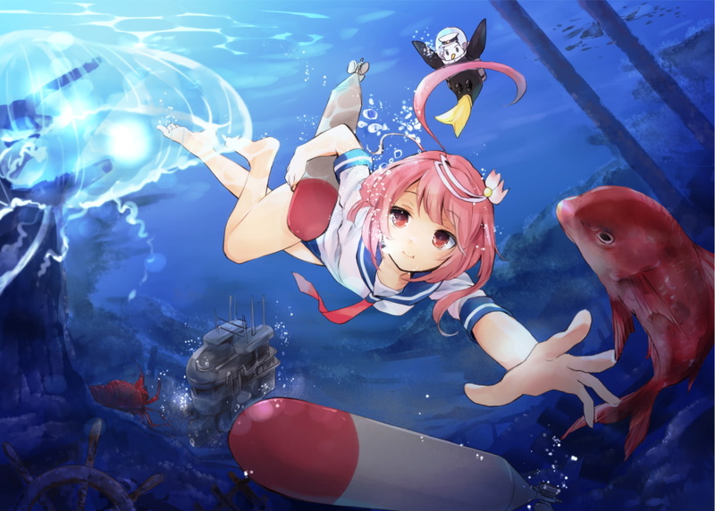 ahoge, pink hair, Kantai Collection, I-58 (KanColle), 720P, anime girls, underwater