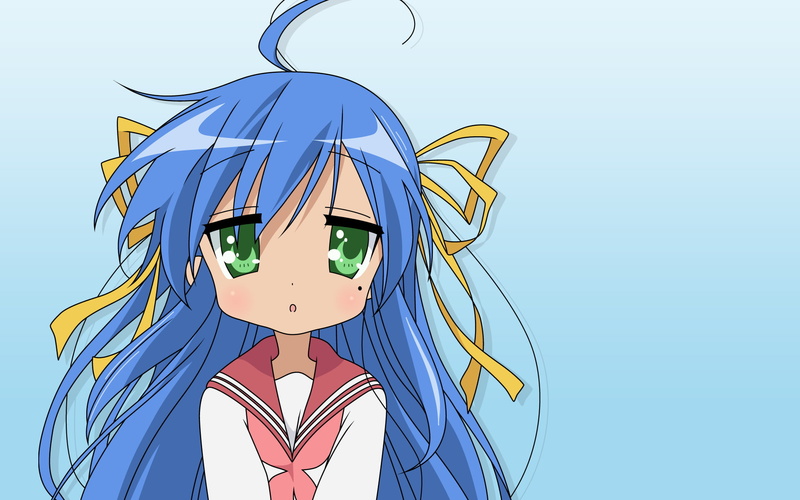 school uniform, multi colored, Lucky Star, low angle view, sky, day, creativity, studio shot, Izumi Konata, close-up, human representation, anime girls