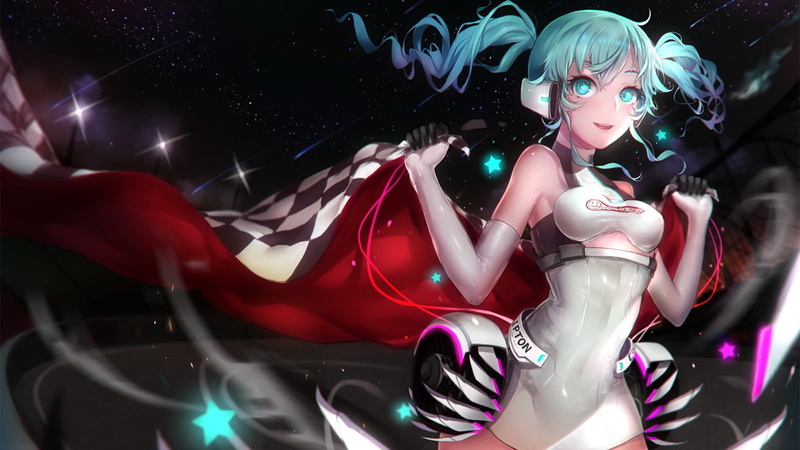 dress, twintails, bangs, aqua eyes, gloves, racing, wavy hair, 720P, anime girls, stars, Vocaloid, white dress, Hatsune Miku, aqua hair, ahoge, long hair