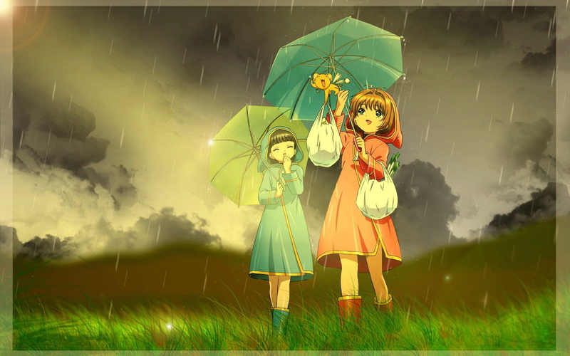 hd, card, anime, umbrellas, captor, b, cardcaptor, daidouji, grass, kinomoto, ahoge, girls, art, rain, 1080P, sakura, tomoyo, brunettes