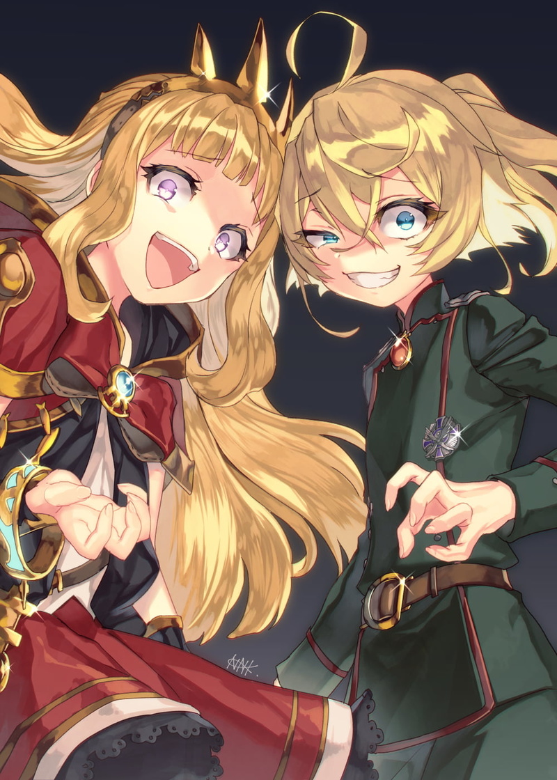 nanaki awa, 720P, Military Uniform, blond hair, blue eyes, crossover, ahoge, Tanya Degurechaff, Cagliostro (Granblue Fantasy), looking at viewer