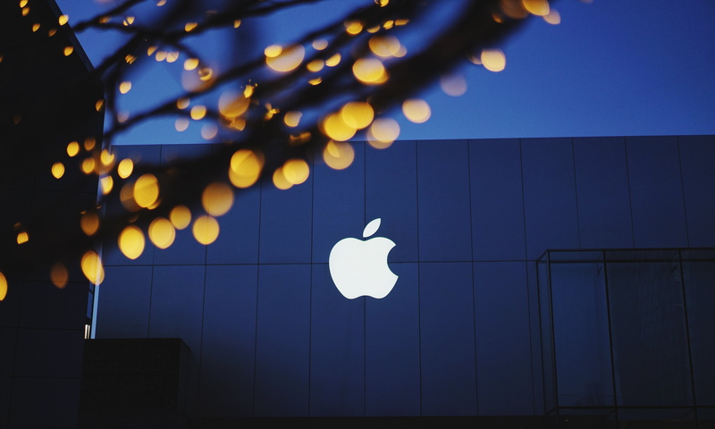 sky, apple, logo, balloon, night, hanging, 8K, illuminated, close-up, mid-air, white, flying, company, no people, light - natural phenomenon, decoration