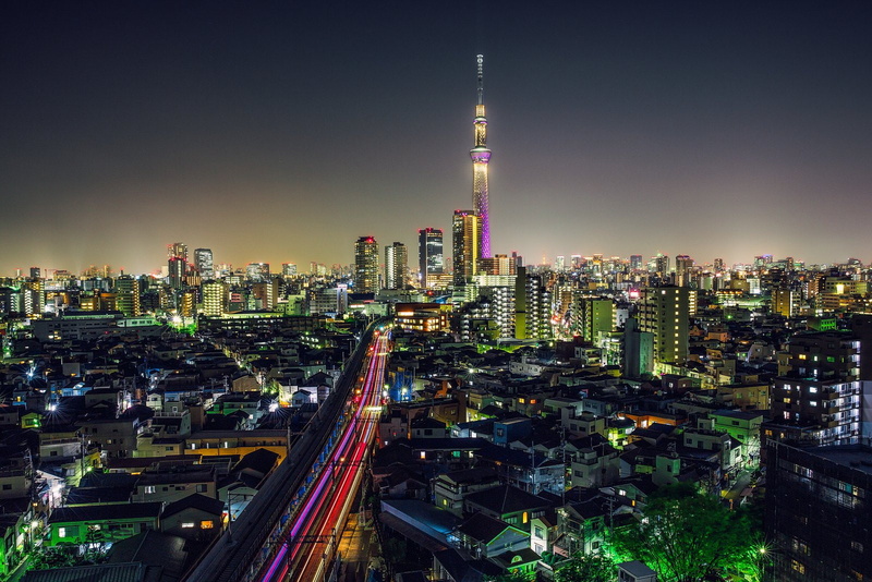 ray, rivers, panoramic, tower, bridges, tokyo, architecture, way, towers, japon, cities, japan, panorama, monuments, night, 720P, building, light