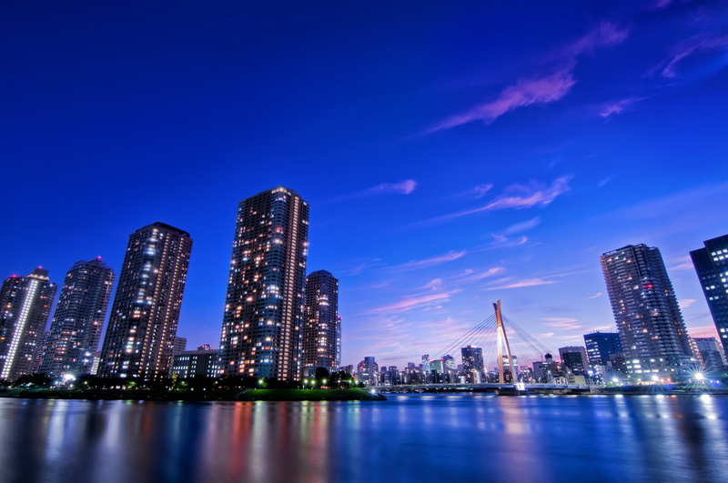 bridges, japon, night, panoramic, japan, tokyo, tower, way, cities, light, monuments, 1080P, architecture, rivers, towers, building, ray, panorama