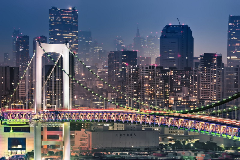 way, towers, cities, monuments, tower, architecture, rivers, light, panorama, ray, panoramic, japon, japan, building, bridges, 720P, tokyo, night
