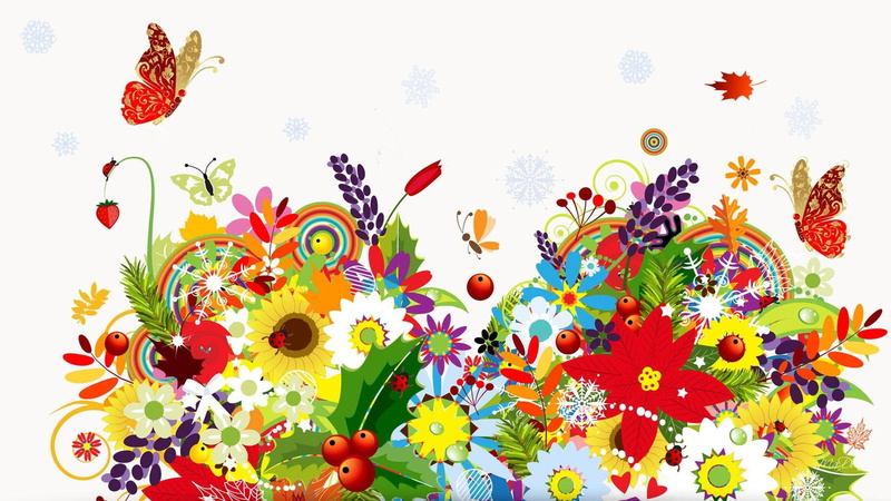bright, winter, colorful, spring, nature, change, fall, flowers, seasons, butterflies, leaves, snowflakes, 1080P, berries, summer