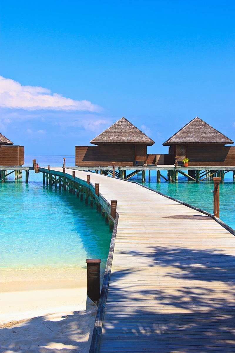 day, cottages, built structure, architecture, stilt house, maldives, pier, tourism, sea, beauty in nature, sky, tranquil scene, turquoise colored, nature