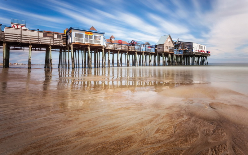 nature, pier, sky, wood - material, old orchard beach maine usa pier reflection beach sand low tide, land, reflection, cloud - sky, sea, architecture, no people