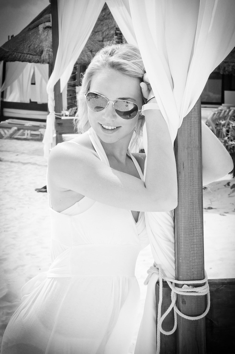 front view, blonde, model, clothing, portrait, leisure activity, fashion, cabana, pretty, beautiful woman, smile, long hair, people, sunglasses, beach