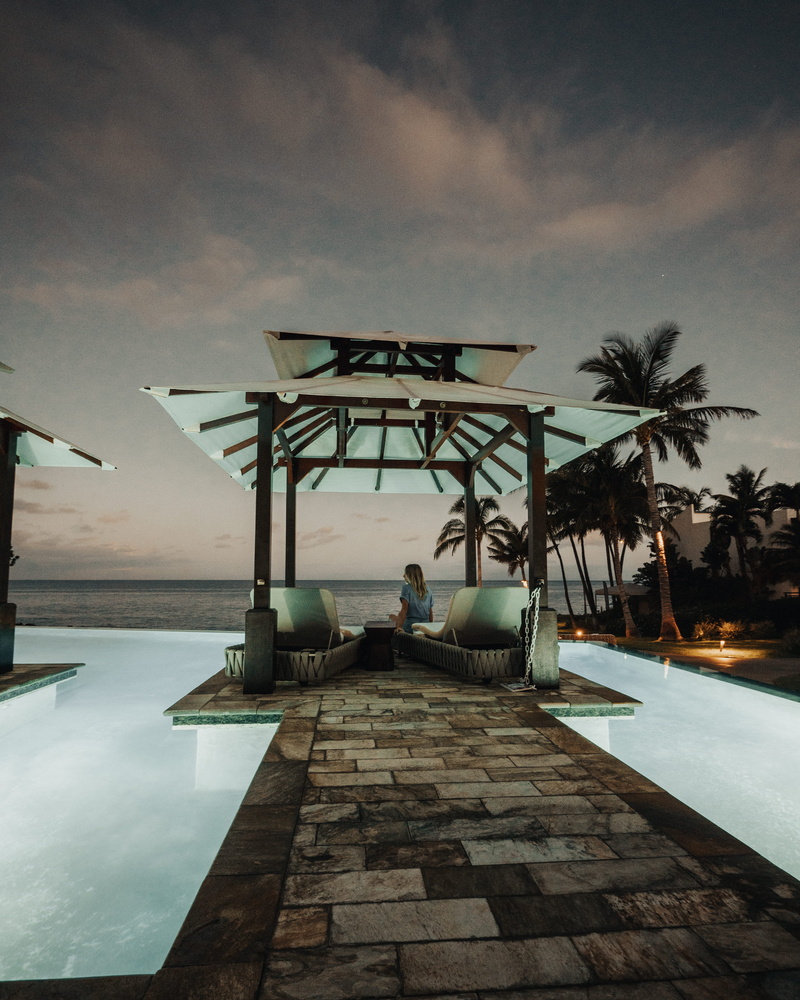 cloud - sky, outdoors, woman, dark, vacation, nature, horizon, cabana, blonde, sky, tropical climate, dusk, cloud, lady, evening, bench, gazebo, built structure