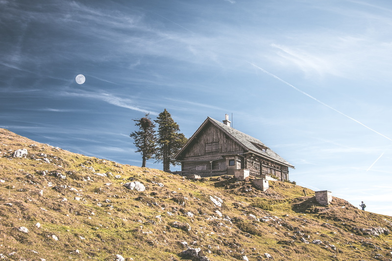 low angle view, vapor trail, cloud - sky, building, Mountain, land, clouds, rock - object, built Structure, european Alps, 5K, mountains, rock, alpine