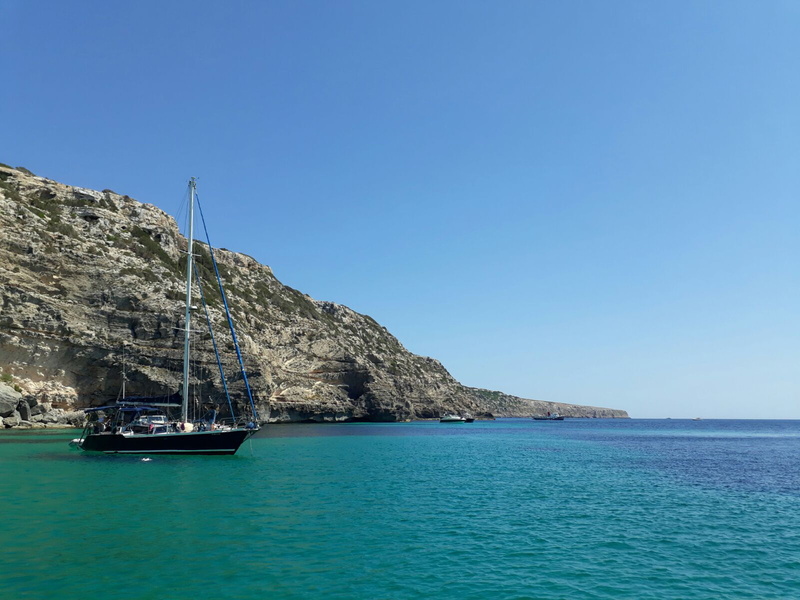 promontory, mode of transportation, formentera, shoreline, cala, turquoise colored, no people, outdoors, cliff, blue, scenics - nature, sea, luxury, coast