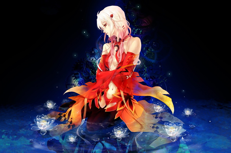 eyes, hd, nature, 1080P, detached, gears, anime, art, hair, sleeves, crown, water, yuzuriha, inori, pink, red, guilty, girls, Flowers