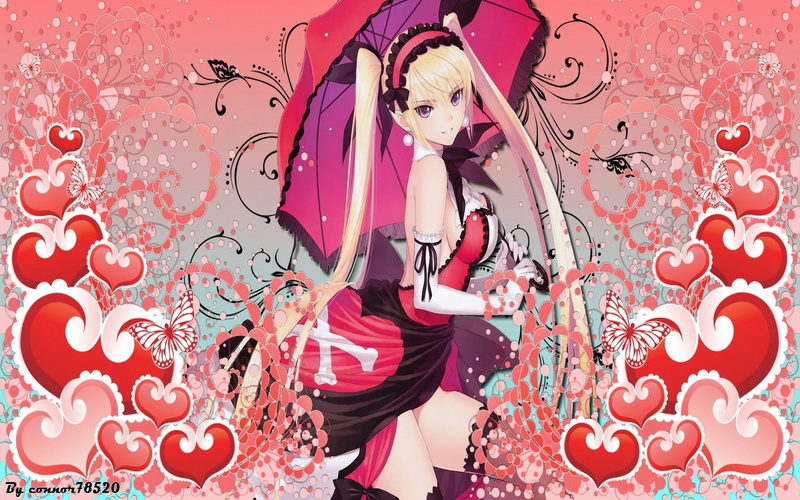 tony, Tony Taka, hd, highs, earrings, animals, taka, ribbons, blondes, butterflies, 720P, umbrellas, thigh, art, pur, twintails, pink, gloves, dress