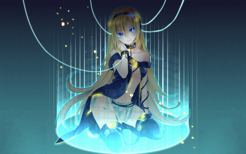 eyes, hd, 2K, blue, art, thigh, headphones, hair, belts, girl, highs, long, hot, sitti, dress, vocaloid, anime, blondes, skirts