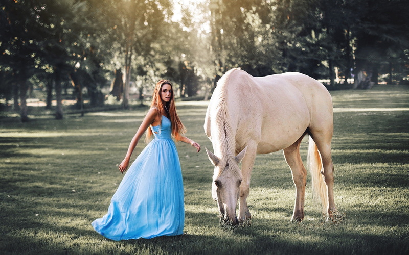 Horse, Blue, 1080P, Grass, women, Dress, Sunshine, s, Long, Trees, Hair, Girl, White, derss, sleeveless